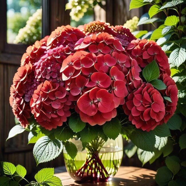 Czerwona hortensja bukietowa cięcie